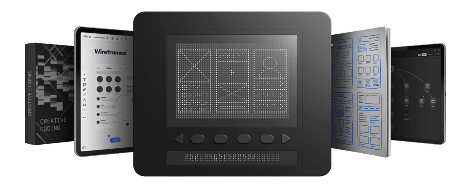 Dot Pad X mostra sull'area tattile la parola “Dot” in grandi caratteri a punti, affiancato da tablet, libri e schermi con contenuti digitali.