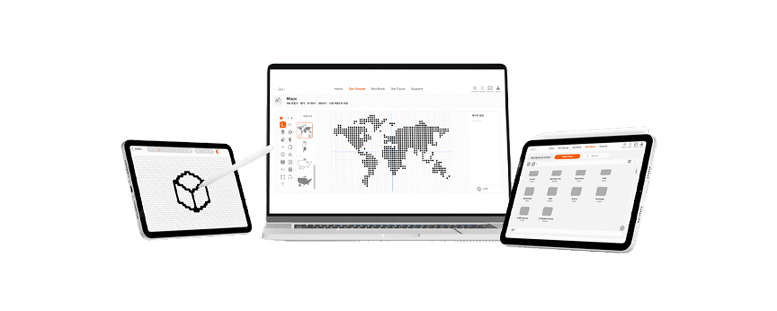 Dot Canvas su iPad, portatile e tablet: un disegno tracciato con la penna, una mappa del mondo a punti e la libreria dei contenuti di Dot Cloud.