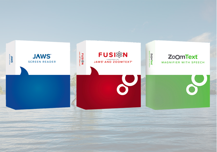 Le tre confezioni affiancate di JAWS Screen Reader, Fusion e ZoomText Magnifier with Speech.