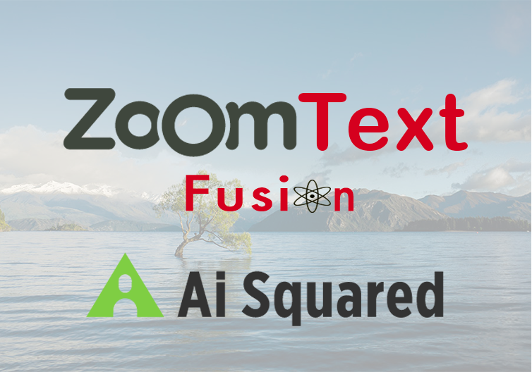 Logo di Fusion, che unisce ZoomText e JAWS, con il marchio Ai Squared.