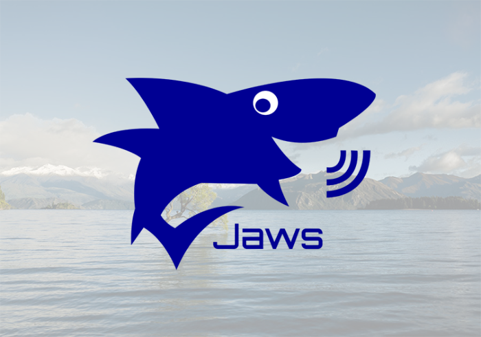 Logo di JAWS: uno squalo blu con onde sonore accanto alla scritta Jaws.