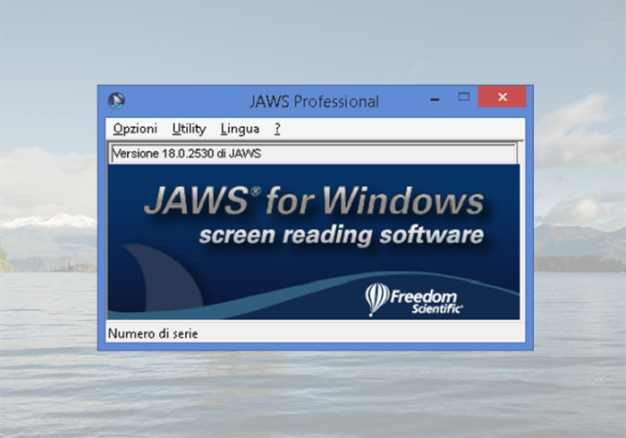 Finestra del programma JAWS Professional per Windows con i menu Opzioni, Utility e Lingua e la schermata di avvio “JAWS for Windows – screen reading software”.