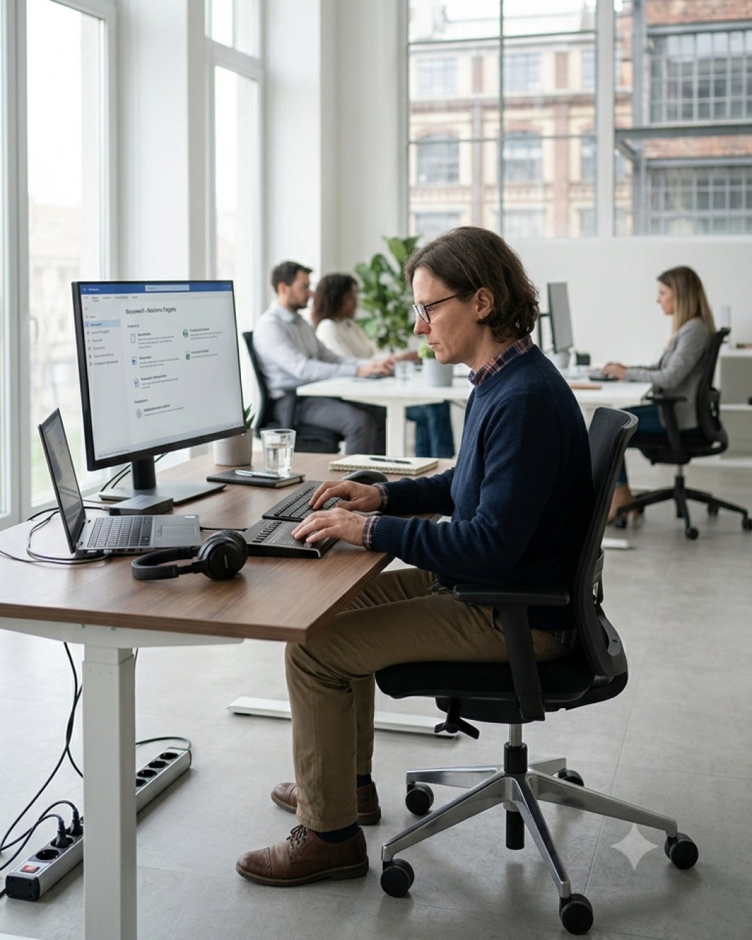 In un ufficio luminoso, una persona lavora seduta alla scrivania usando uno screen reader su un monitor; alle spalle, altri colleghi alle proprie postazioni.