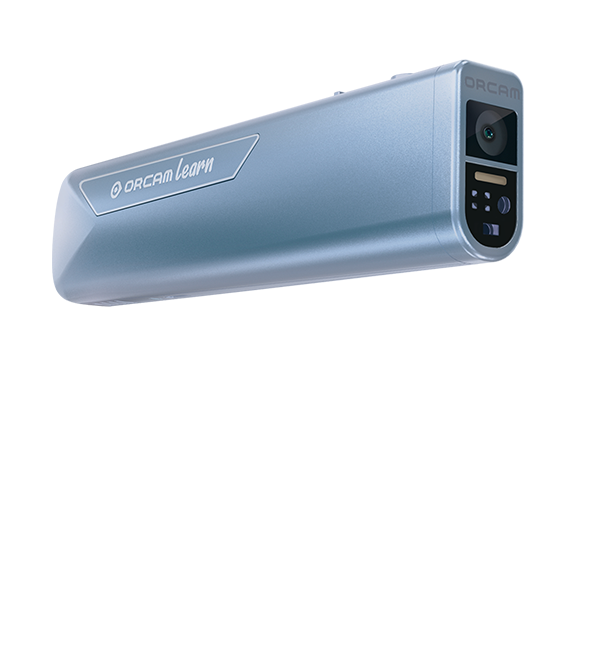 Lettore portatile OrCam, corpo allungato azzurro con fotocamera e comandi sul lato.