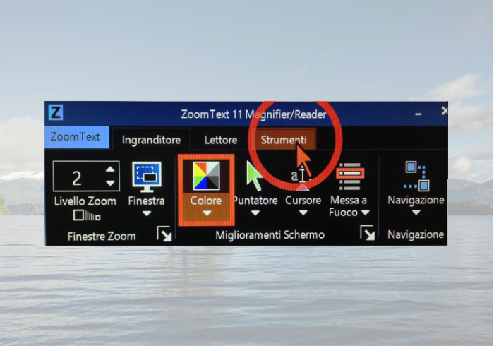 Barra degli strumenti di ZoomText con la funzione Colore selezionata e la scheda Strumenti evidenziata.